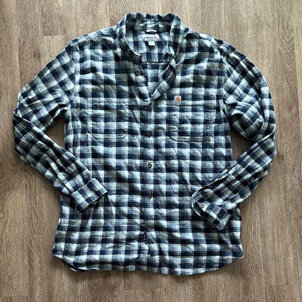 Carhartt Relaxed Fit Plaid Button-Up Long Sleeve Shirt Blue White Large